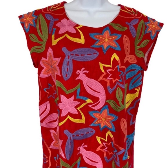 Andree Embroidered Floral Linen Blend Shift Dress M Red - Picture 5 of 11